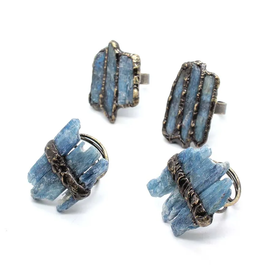 Natural Irregular Blue Kyanite Crystal Stone Rings For Women Antique Copper Vintage Blue Quartz Adjustable Finger Ring Jewelry