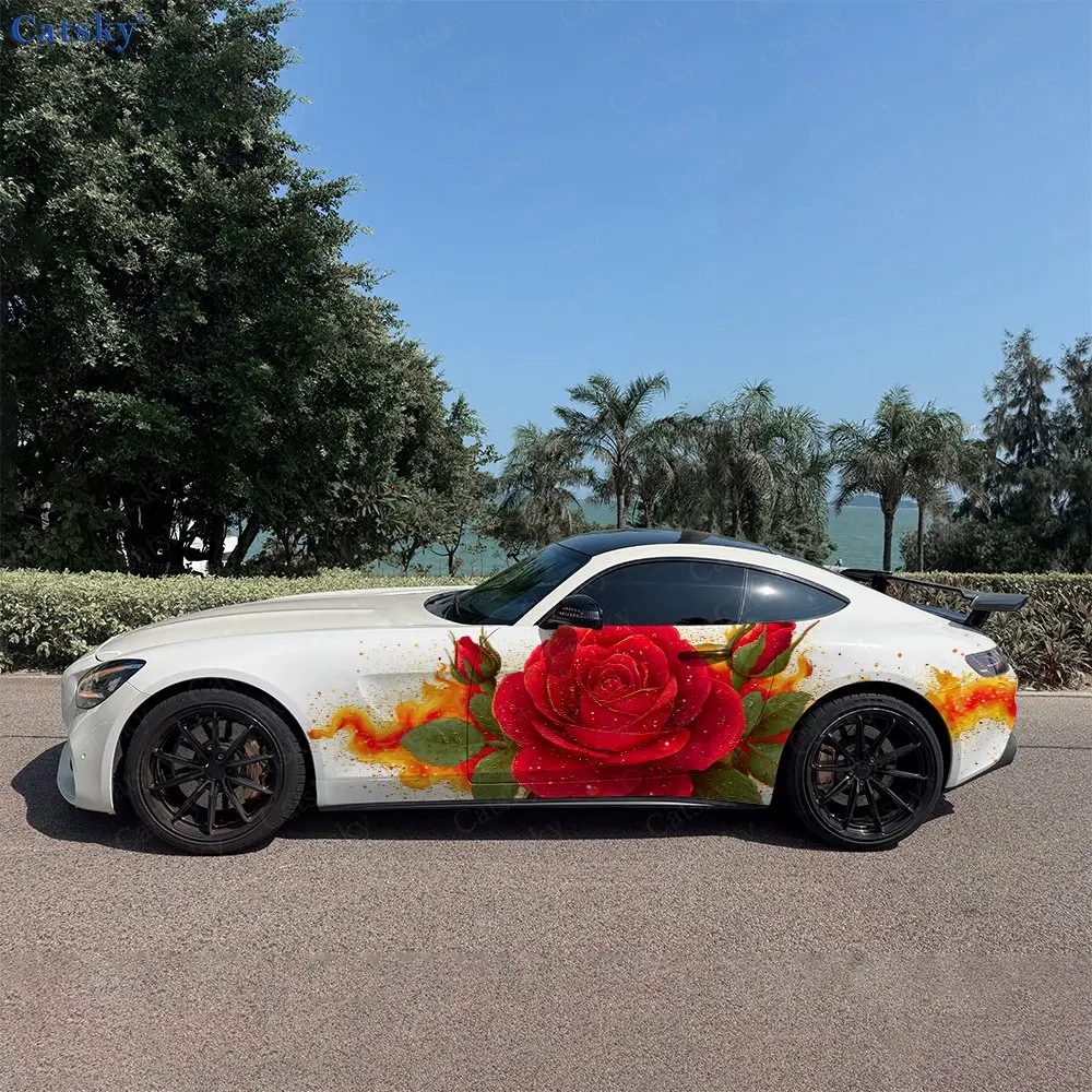 2pcs Roses Gilded Fire Blaze Car Side Wraps, Self-Adhesive PVC Waterproof & Scratch-Resistant Stickers, Car Accessory Gift