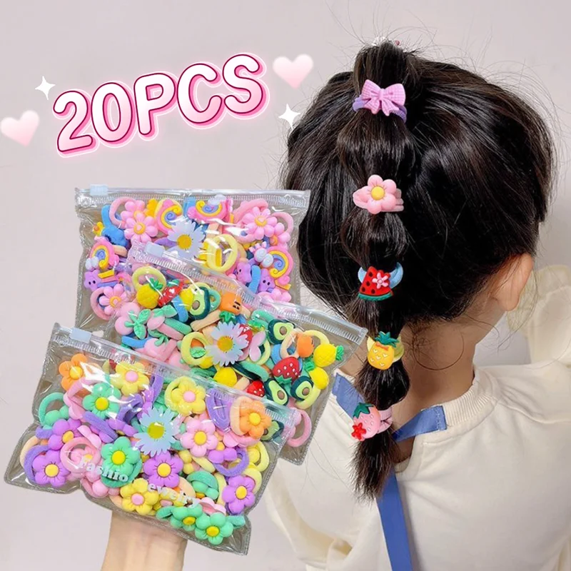 20 Stück/Set Niedliche Cartoon-Gummi-Haargummis für Mädchen, Haarschonende Kleine Scrunchies, Süße Kinder-Haarbänder, Haaraccessoires