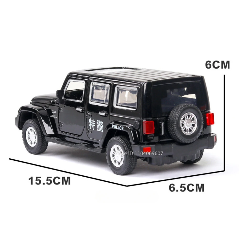 1:32 Wrangler Modello di auto della polizia Giocattoli Pressofuso in metallo Suono Luce Porte aperte Tirare indietro Pneumatici in gomma Veicoli festival Regalo per il ragazzo