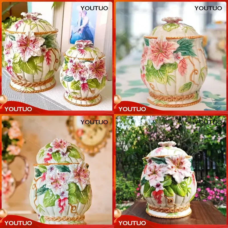 Royal Baroque Ceramic Canister with Floral Relief Design for Candy Coffee Storage Pantry Organizer Farmhouse Countertop