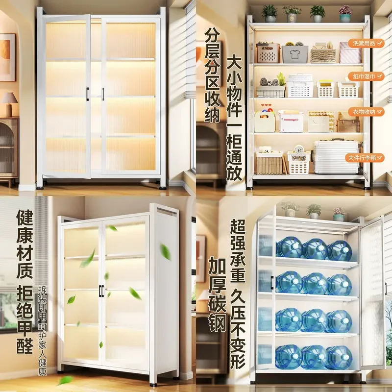 For Household Steel Bookcase with Door Dustproof Floor Shelf Bedroom Living Room Balcony Wrought Iron Storage Locker
