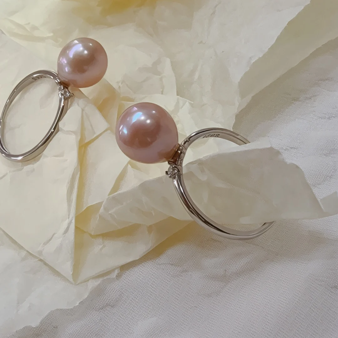 Natural pearl powder pearl ring s925 silver opening adjustable AAAA9-10mm