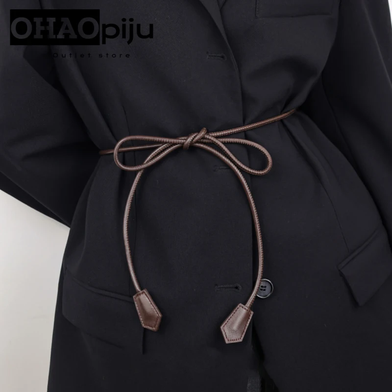 2024 Fashion Decorative Knotted Sheepskin Knot Waist Rope Fashion Leather Round Rope Thin Belt Vintage Dresses String Waistband