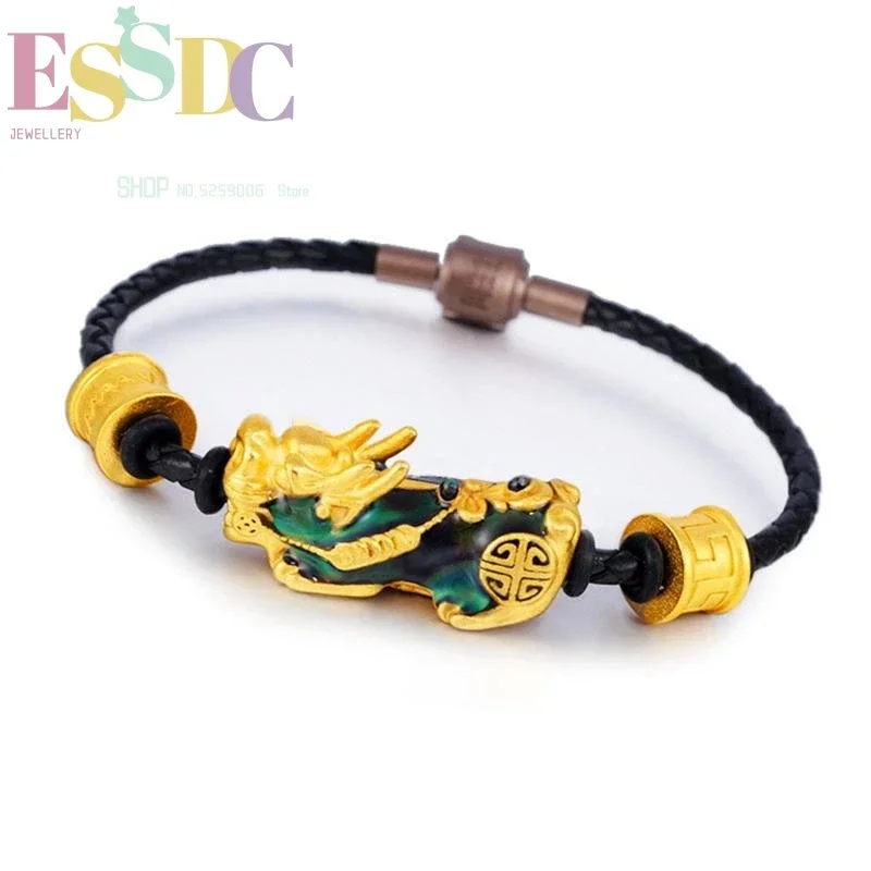 Fashion Vietnamese Sand  Pixiu Charm Leather Chain  Obsidian Beads DIY Imitation Gold Bracelet Accessories Jewelry