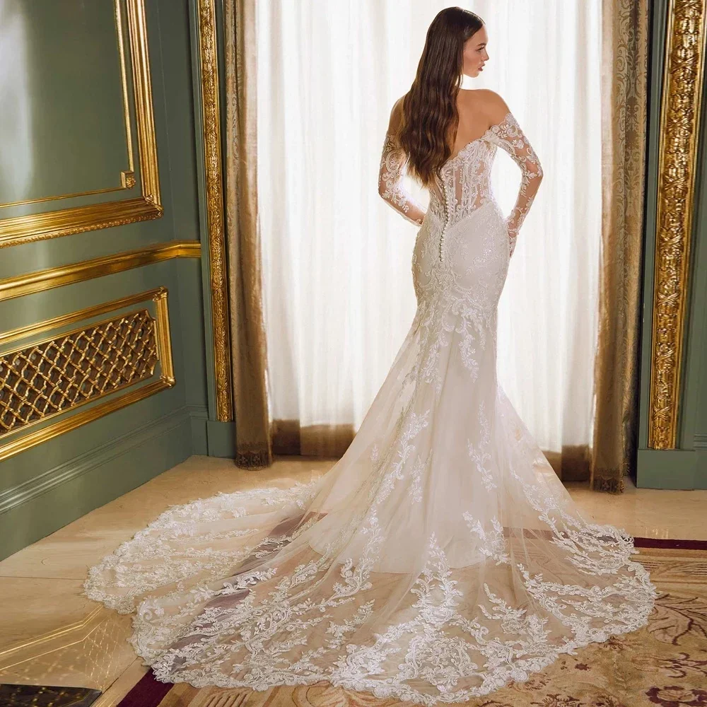 Customized Elegant Off Shoulder Mermaid Wedding Dress Sweetheart Lace Appliques Long Sleeves Bridal Gown Princess Bride Dress image 3