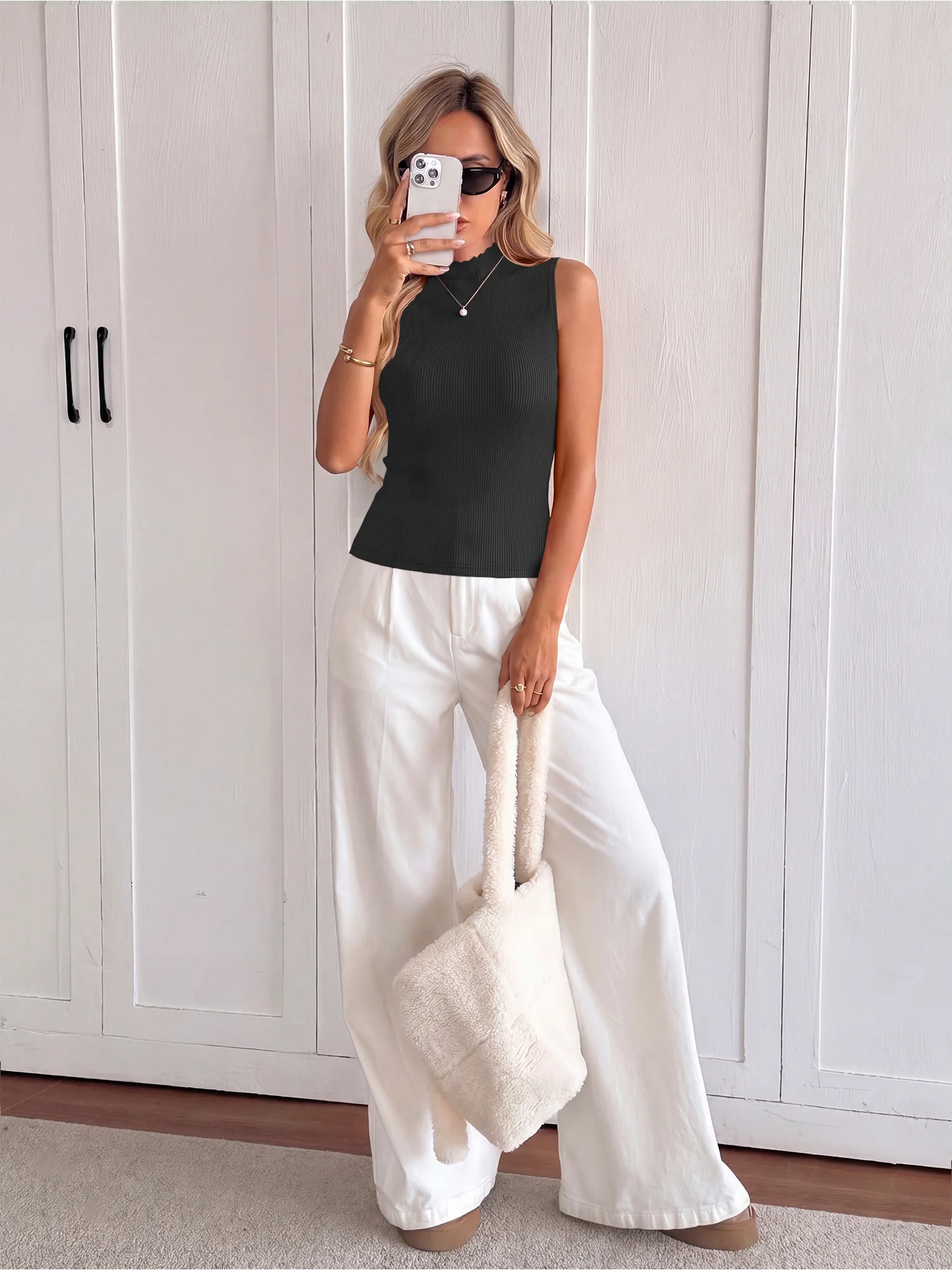 Tailored Fringe Collar Ribbed Cami, Body‑Contouring Knit Sleeveless Shirt for Client Appointments & Office Events