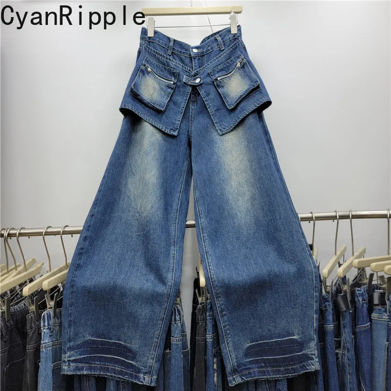 Fashionable New Autumn Faux Two-piece Wide Leg Women Denim Pants Hot Chick High Waist Floor-length Casual Straight Jeans 2026