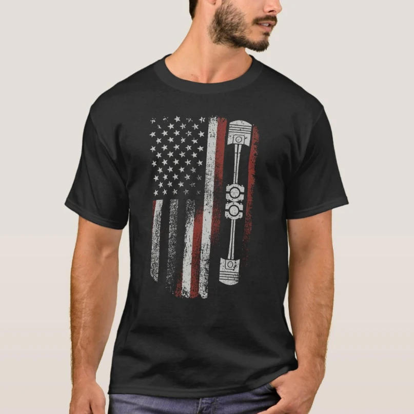 Vintage Patriotic American Flag Piston Muscle Car T-Shirt New 100% Cotton Short Sleeve O-Neck T Shirt Casual Mens Top