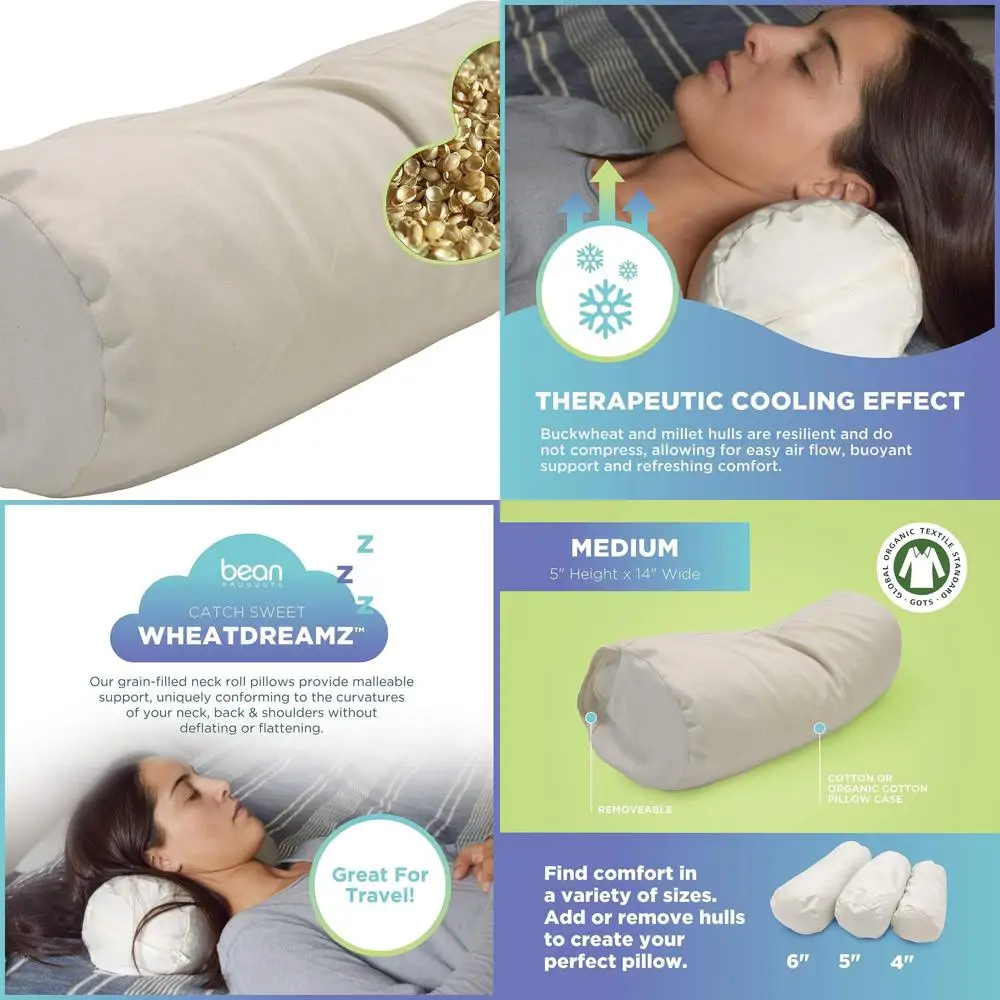 

USA-Made Organic Cotton Neck Pillow with Millet Fill & Washable Cover - 5x14 Support for Deep Sleep