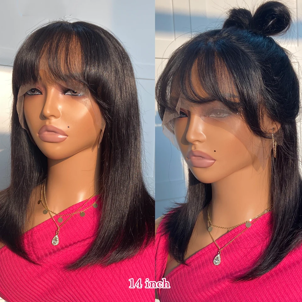 Short Straight Bob Lace Front Wig With Bangs Brazilian Human Hair Bob Wigs For Women Brazilian Remy Hair Easy Part Lace Bob Wig