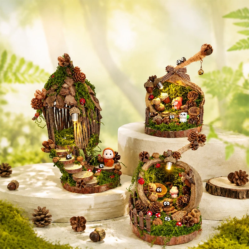 DIY Nut Shell Diorama Kit With LED Lamp, Mini Forest Cottage Micro Landscape Handmade Craft Material Set for Desktop Decoration
