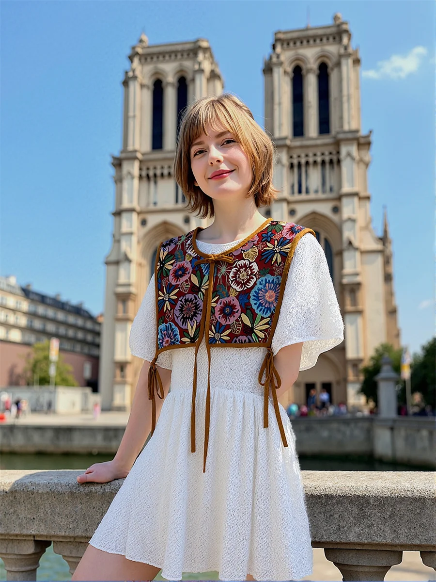 

Embroidery Lace-Up Vests For Girl Waistcoats Clothes Women Spring Lightweight Baggy Festival Ladies Bohemian Open-Knit Commuting