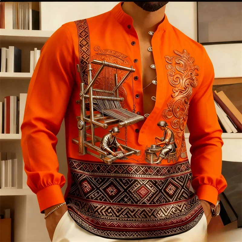 男性の伝統的な民族衣装のシャツ |   3D織りアートプリント |   中国風の立ち襟長袖 |   お祭り/オフィス文化 フォーマル/カジュアル