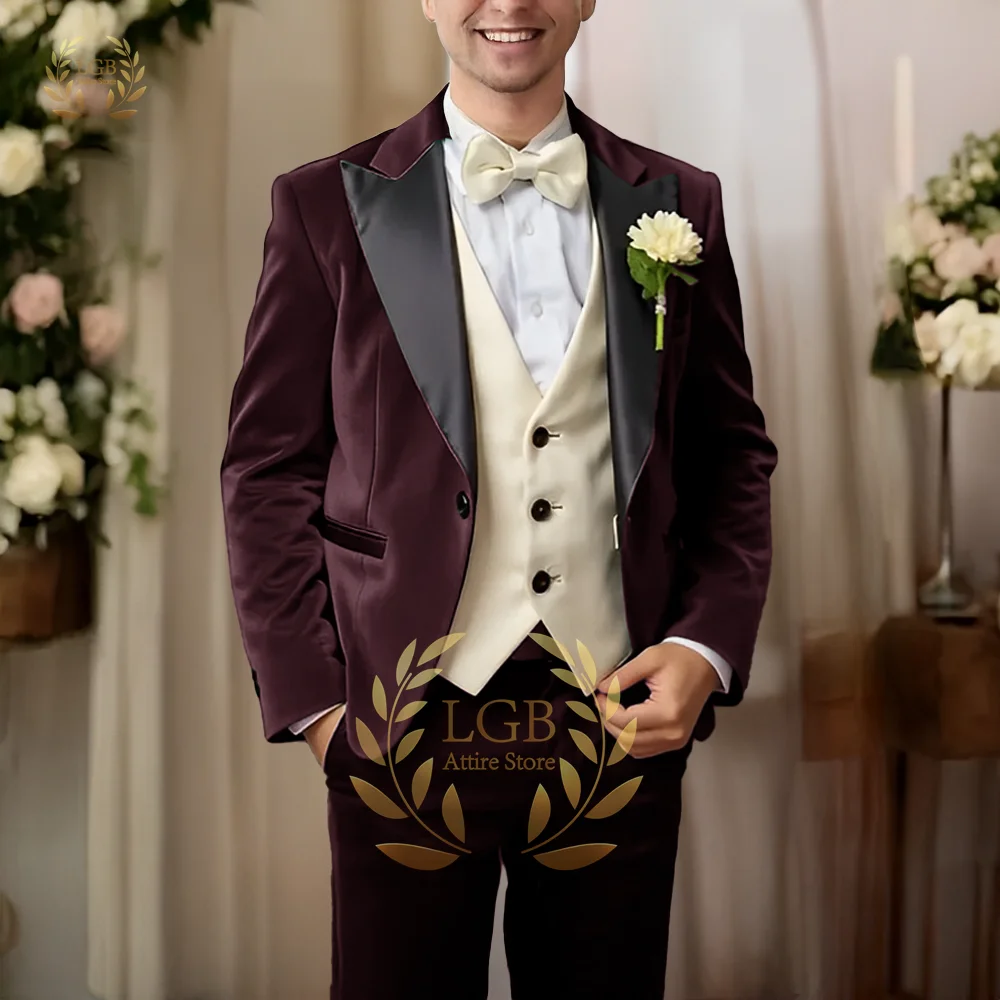 Men's Velvet Suit Tuxedo 3-piece Set (Jacket + Vest + Pants) Custom Wedding Party Formal Suit Slim Elegant Tuxedo