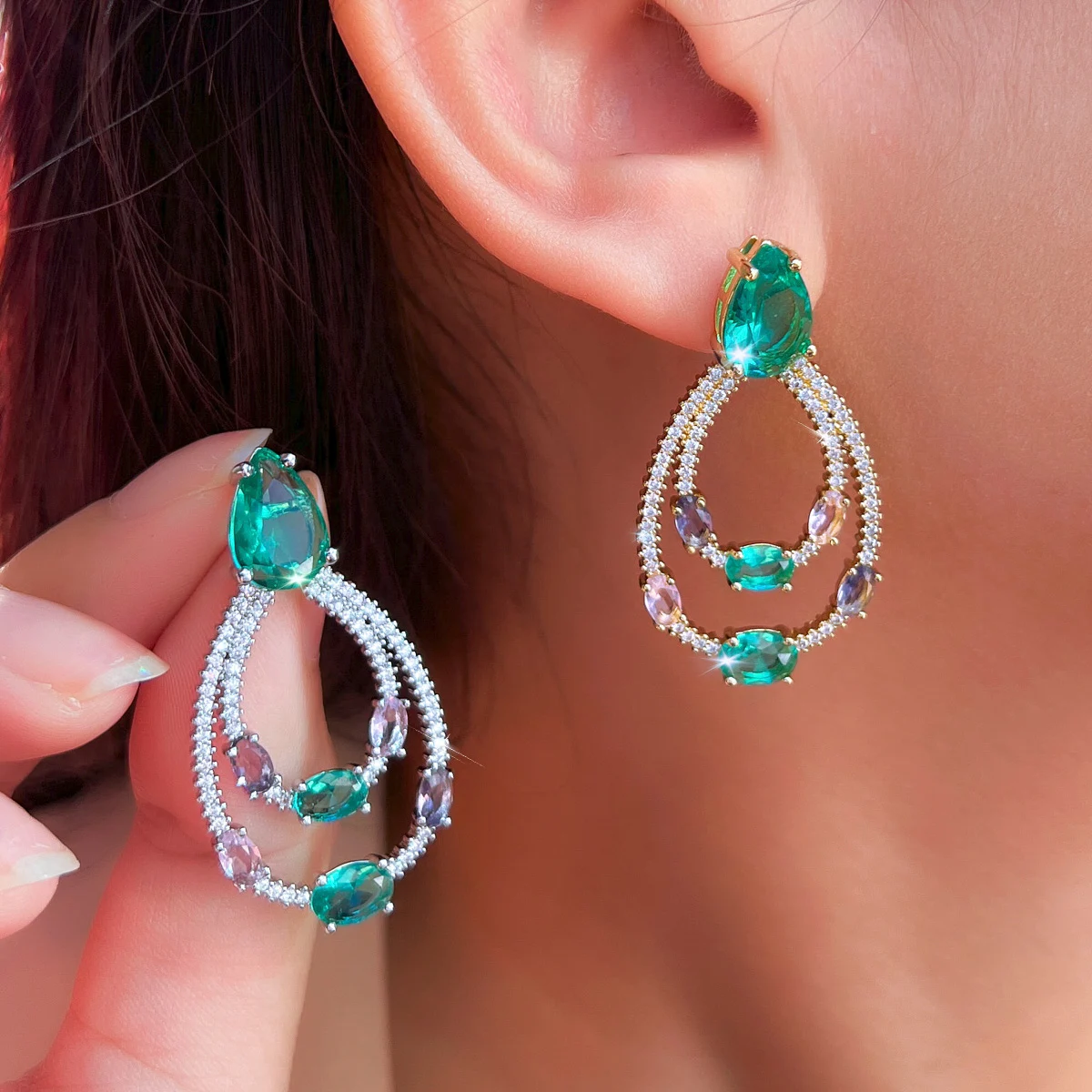 CWWZircons Gorgeous Double Circle Drop Light Blue Cubic Zirconia Crystal Dangle Earrings Trendy Female Party Jewelry Gifts E0318