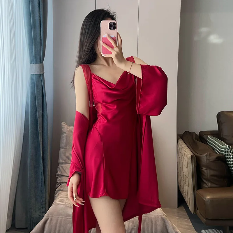 Fairy Tassels Sling Nightgown Women Elegant Homedress 2Pcs Nighty&robe Suit Soft Ice Silk Sleepwear Solid Color Bathrobe Suit