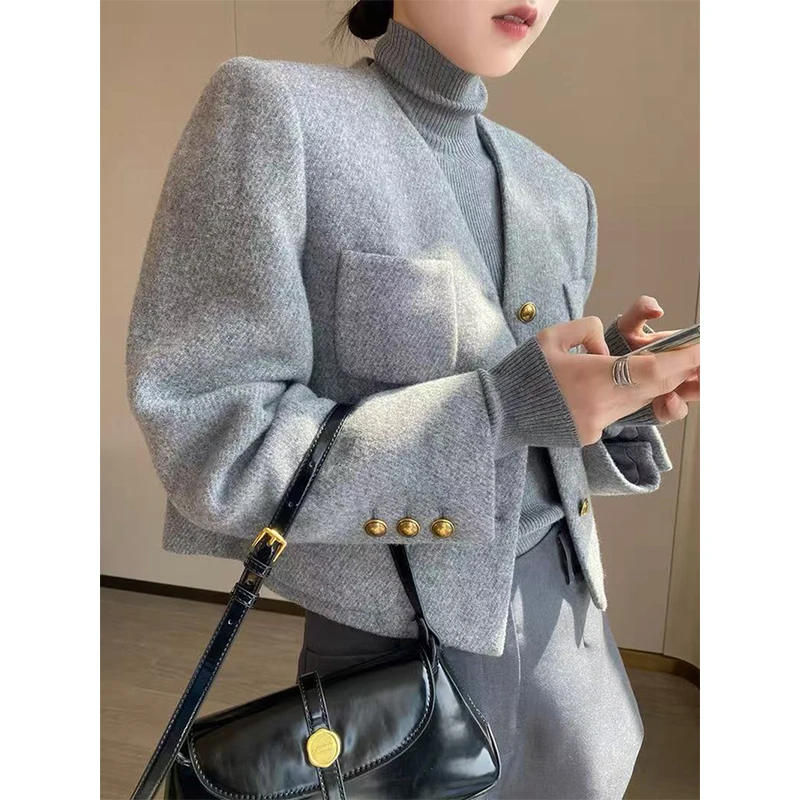 

MEXZT Elegant Wool Blends Coats Women Fashion Cropped Woolen Jacket Winter Korean Commute Outerwears Ladies V Neck Overcoat New