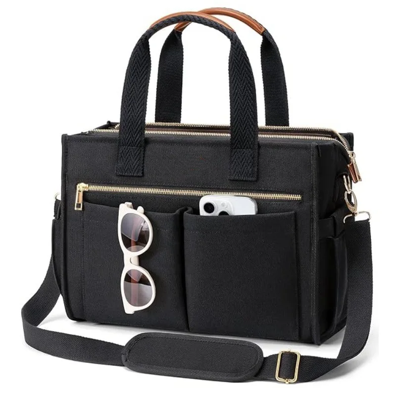 Große Umhängetasche mit 15 Fächern und Laptopfach, Reißverschluss und 15-teiliger Organisation – Robuste Nylon-Büchertasche