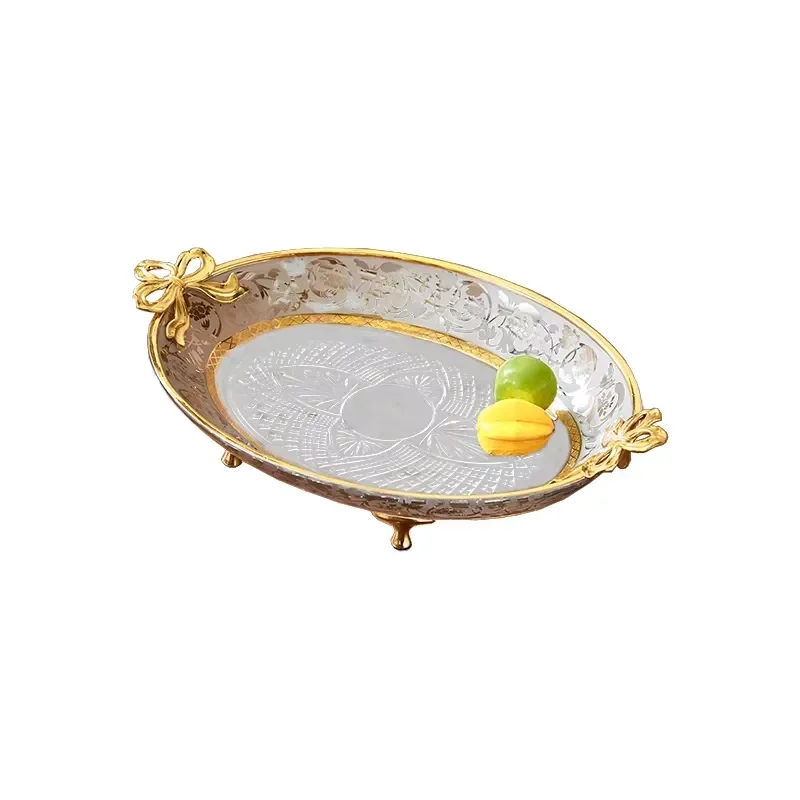 New European Fruits Plate Crystal Candy Bowl for Hotel Villa Home Decor Copper Gold Trim Ornament Fruit Plate