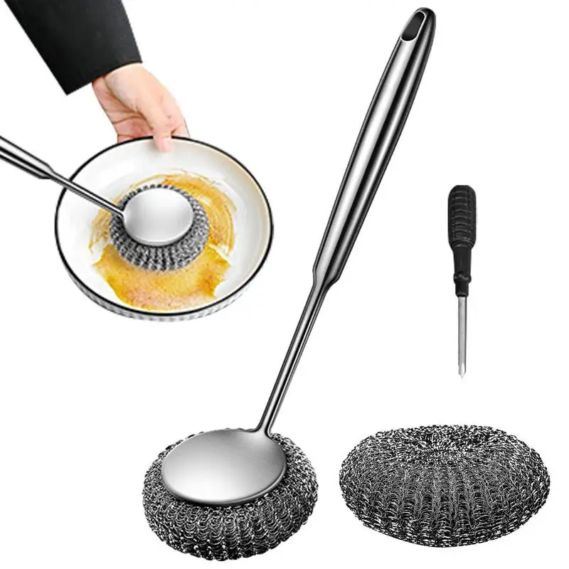 

Stainless Steel Scrubber Dish Brush With Handle Kitchen Steel Wool Pot Scrubber Dish Scrub Brush Metal Scrubbers For Cleaning