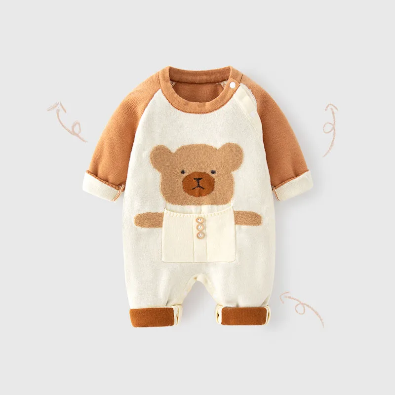 Spring Autumn Ins Newborn Boys Onesies Thickened Cartoon Bear Letter Infant Boys Bodysuit Long Sleeve Baby Boys Jumpsuit