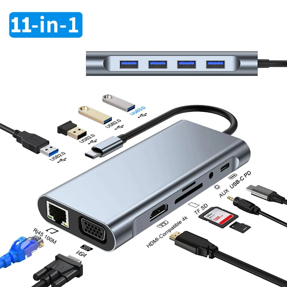 11 in 1 USB C Docking Stations USB C HUB Type C to HDMI Adapter 4K USB 3.0 Splitter Adapter for Laptop Macbook PC Accessories