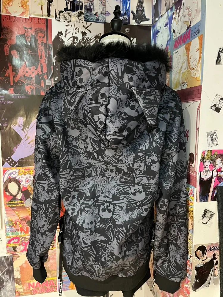 Y2k Subculture Long Sleeve Hooded Jacket Cat Ears Women Casual Punk Style Coat Skulls Print Harajuku Faux Fur 2025 Autumn