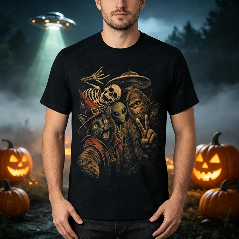 Funny Halloween Black Witch Cat Selfie Shirt Monster Group Squad T-Shirt Y2k UFO Alien, Bigfoot, Skeleton Aesthetic Clothes Tees
