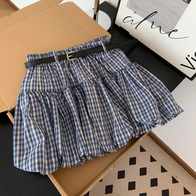 Demi-jupe à imprimé Floral rétro avec ceinture, nouveau Style d'été pour femmes, jupe courte bouffante à carreaux Anti-lumière en Fiber de Polyester