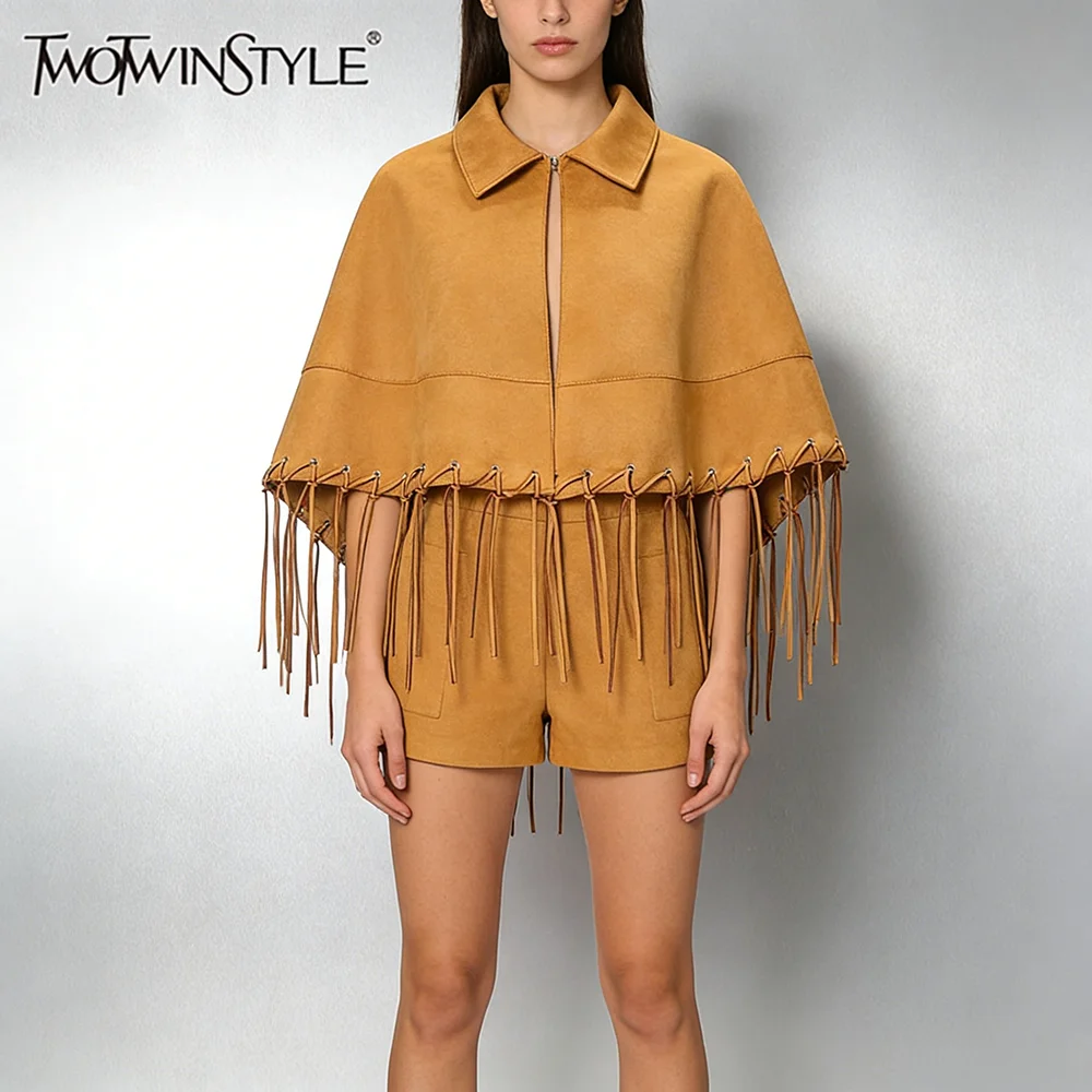 

TWOTWINSTYLE Solid Loose Spliced Tassels Fashion Jackets for Women Lapel Sleeveless Vintage Jacket Female Autumn Clothing New