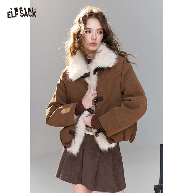 ELFSACK Women's Winter Outerwear with Faux Fur Trim, Brown Buckle Jacket, Cozy Casual Short Coat