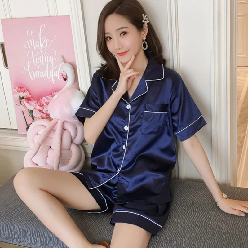 

Wildly Popular Womens Satin Silk Pajamas Set Short Sleeve Button Down Top Shorts Sleepwear 2Piece Pjs Set Flip Collar Loungewear