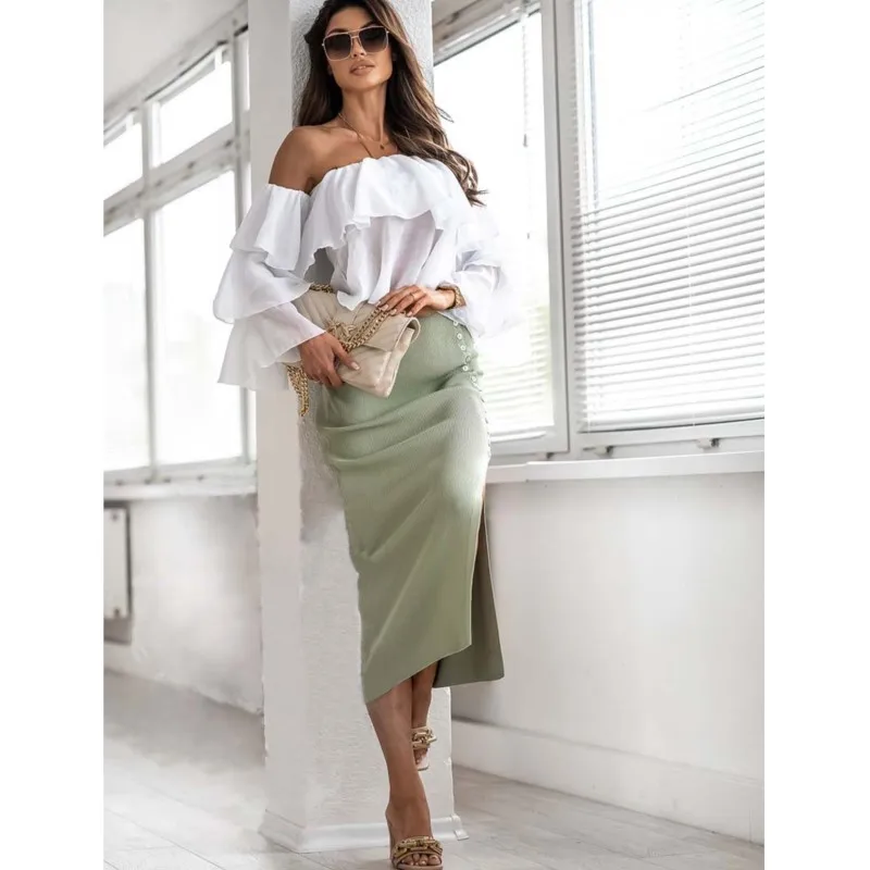 Solid Casual Ribbed Knit Skirts For Women Fashion Womens High Waist Split Slim Fit Commute Skirt Streetwear Elegant Dress Female