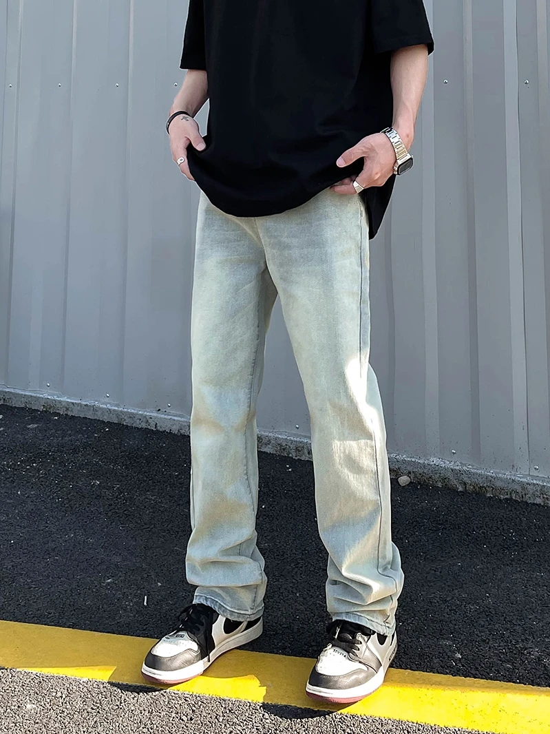 

Retro American High Street Yellow Mud Waed Men's Jeans Loose Straight Leg Long Pants Casual Youthful Sle All-Season Wear