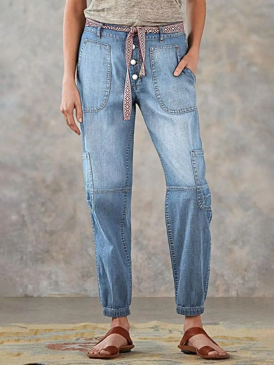 

【HME】Women's mid-thigh denim pants with belt, vintage workwear bag, washed and distressed denim pants