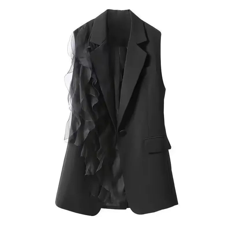Women's Suit Vest Jacket With Lining 2026 Summer Korean Black Loose Casual Sleeveless Ladies Vest  Splicing Lady Suit Waistcoat