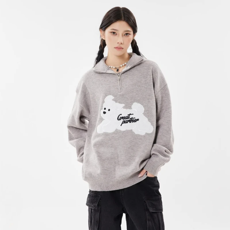 Autumn Winter Half Zipper Pullover Sweaters Men Oversized Hip Hop Streetwear Fashion Cartoon Puppy Warm Knitted Sweater Women