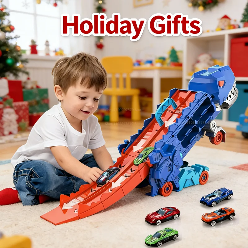 

Складной транспортный грузовик-динозавр с раздвижной гоночной трассерой, трансформирующийся стоячий T-rex, лучшие подарки на день рождения, игрушки для мальчиков и девочек