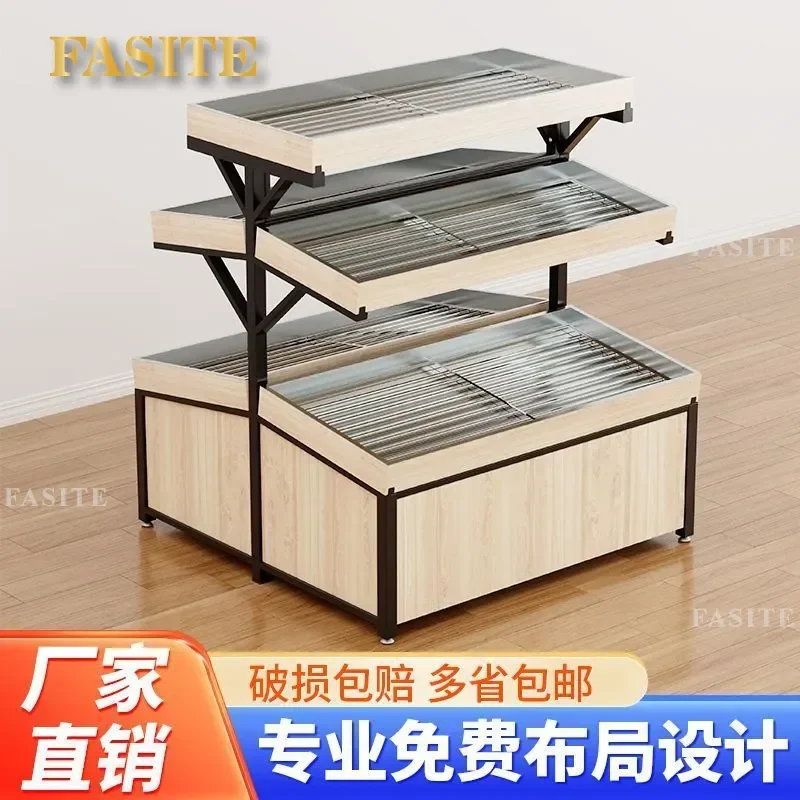 For Fresh Supermarket Fruit and Vegetable Display Shelves Double Sided Imitation Rattan Baskets Store Rack Factory Direct