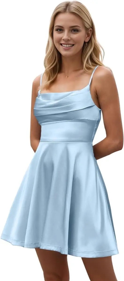 Kurze hellblaue Homecoming-Kleider für Damen mit Spaghettiträgern, plissiertem Satin, formelles Cocktail-Partykleid, Ballkleid, Abschlusskleid