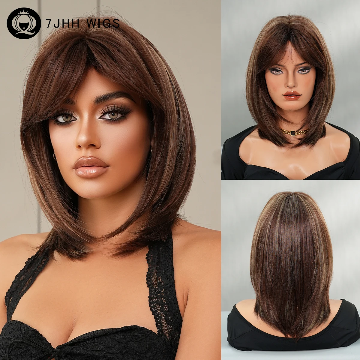 7JHH WIGS Kurze, glatte, braune Perücke für Damen – Modische synthetische Perücke mit Mittelscheitel, sofort tragbar, Schokoladenbraun mit Vorhangfransen
