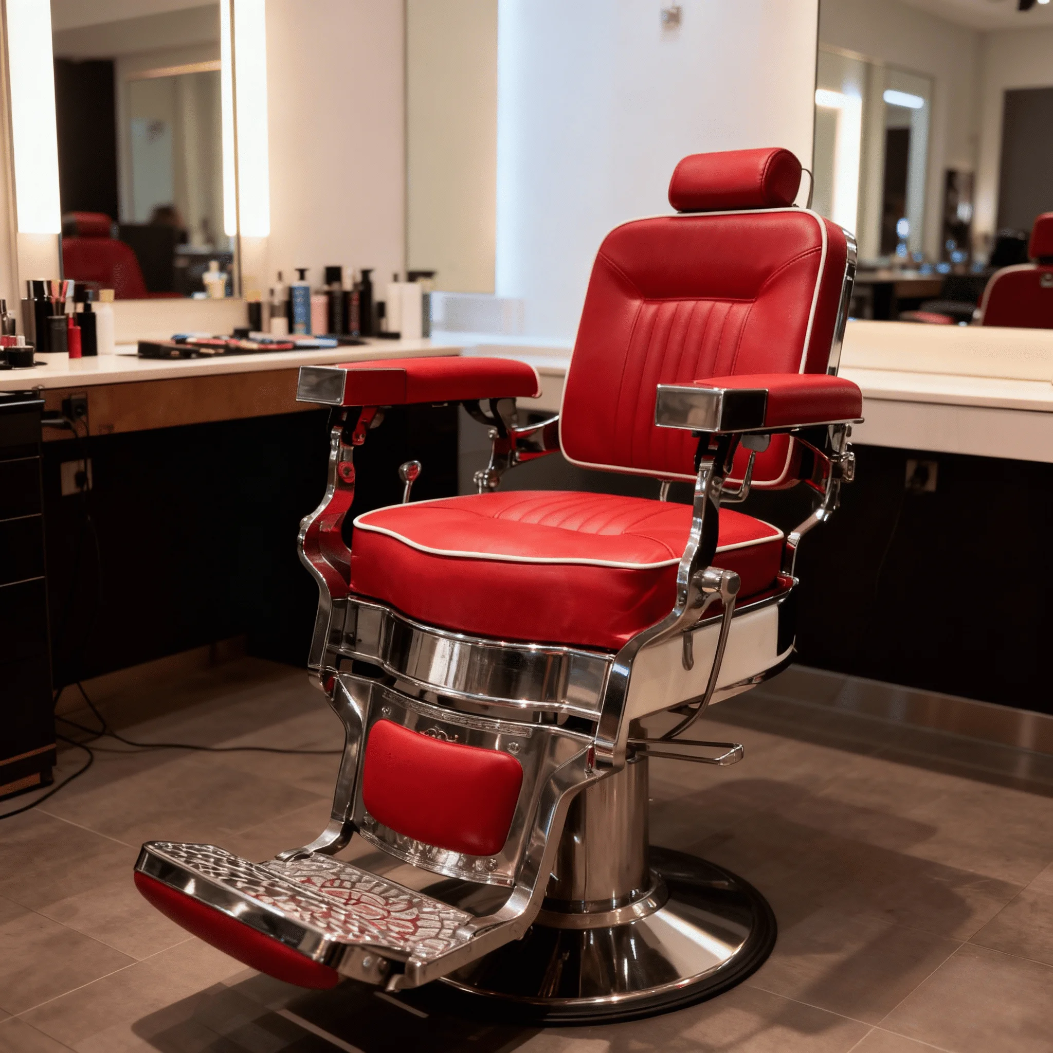 Red Professional Barber Chair - Adjustable Reclining Salon Furniture, Stylish Leather Upholstery, Chrome Frame for Commercial