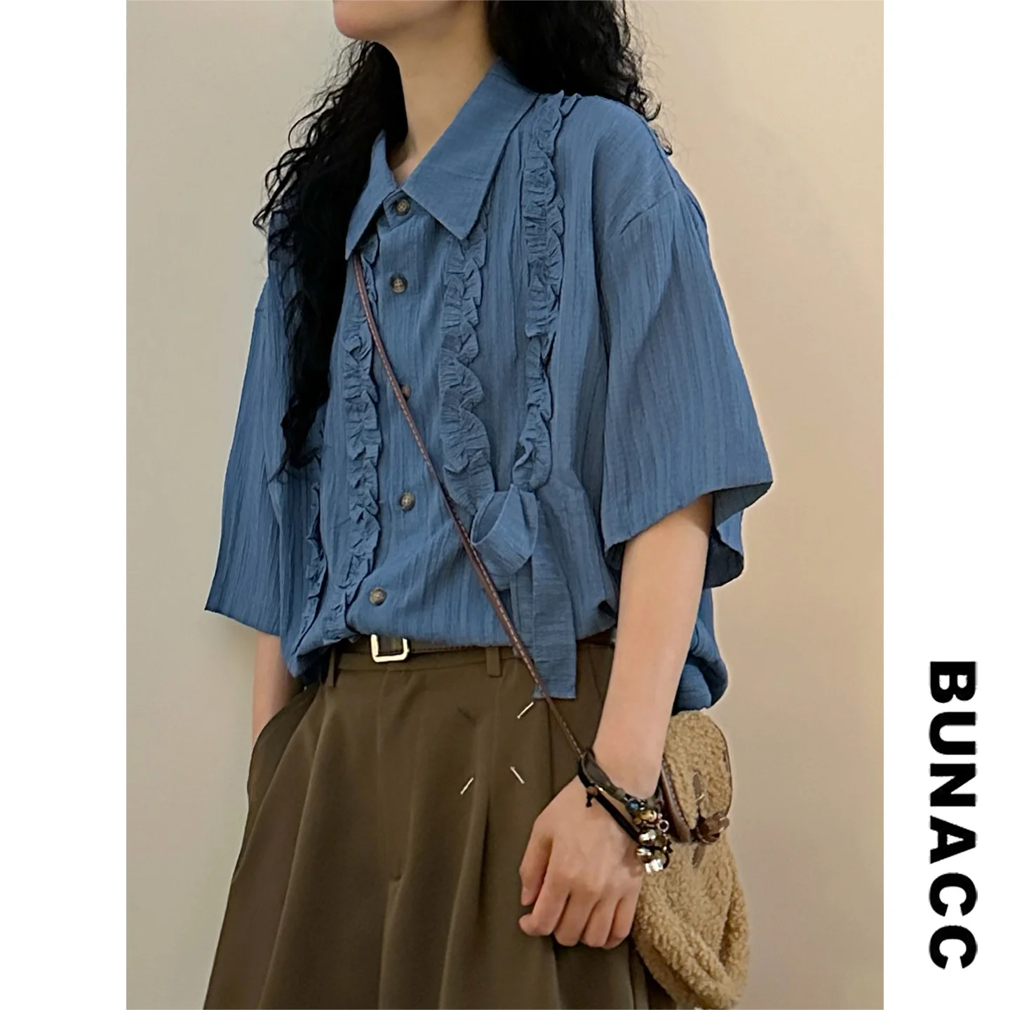 

Летняя повседневная свободная женская рубашка с плиссированным воротником-бантом, винтажный стиль, рукава до локтя, китайский дизайн, модная женская одежда