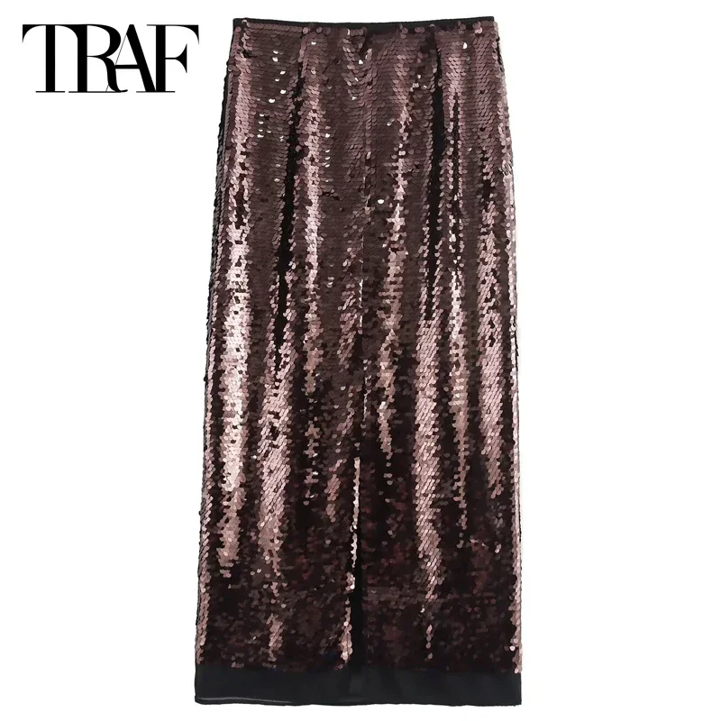 

TRAF Women's Skirt Midi Sequins Skirt Brown Long High Waist Skirt Solid Line Dance Skirt Woman Aesthetic Vintage Elegant Skirts