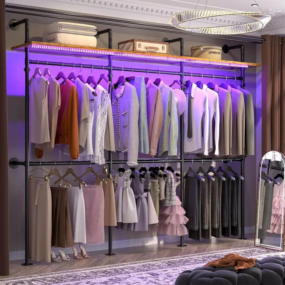 

Heavy-Duty Reversible 118.3'' Clothing Rack with LED Lights, Shelves, and Walk-In Closet System - Rustic Brown