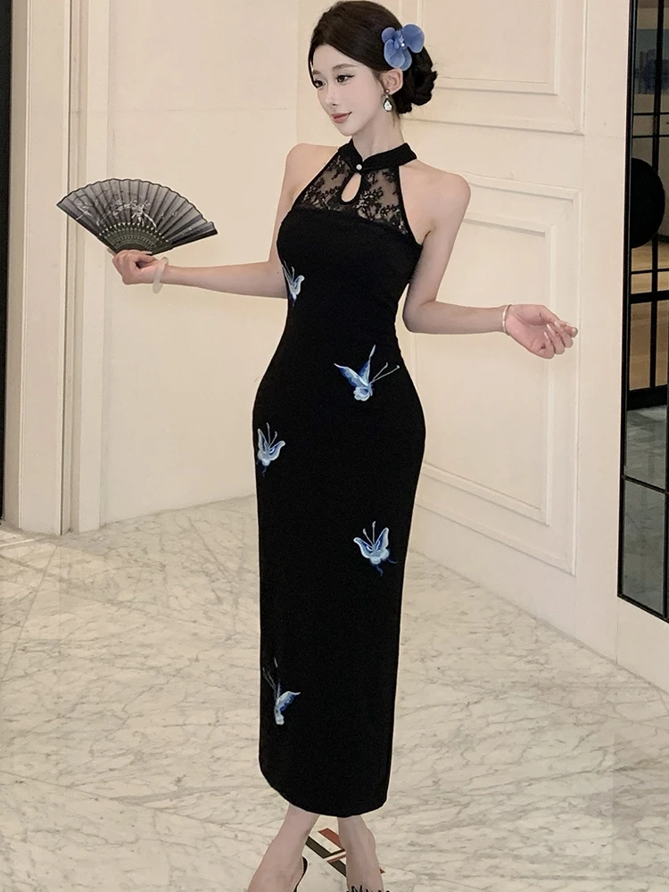 Feminino coreano vintage hepburn luxo vestido de noite verão preto impressão retalhos rendas pescoço-montado vestido 2025 elegante bodycon robe