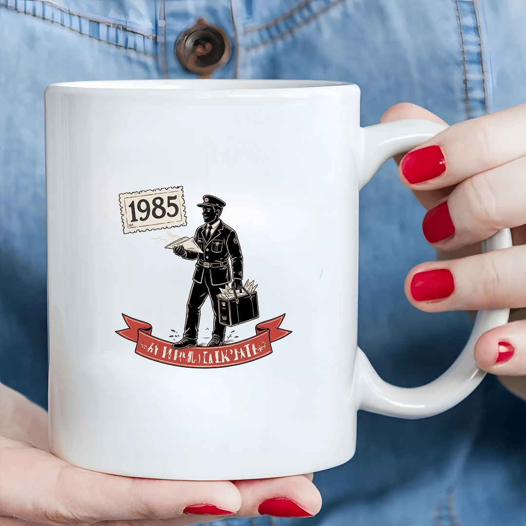 

Vintage Mailman 1985 Stamp Mug - Classic Postman Profession Cup Perfect for Kids Families and Offices Essential Christmas Gift