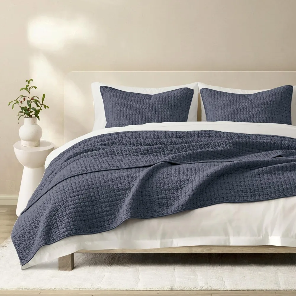 لحاف جيرسي قطني بحجم كينج مع نمط غرزة الأرز باللون الأزرق الداكن، بما في ذلك وسادتين شامز - ناعمة ومسامية وجميعها #2