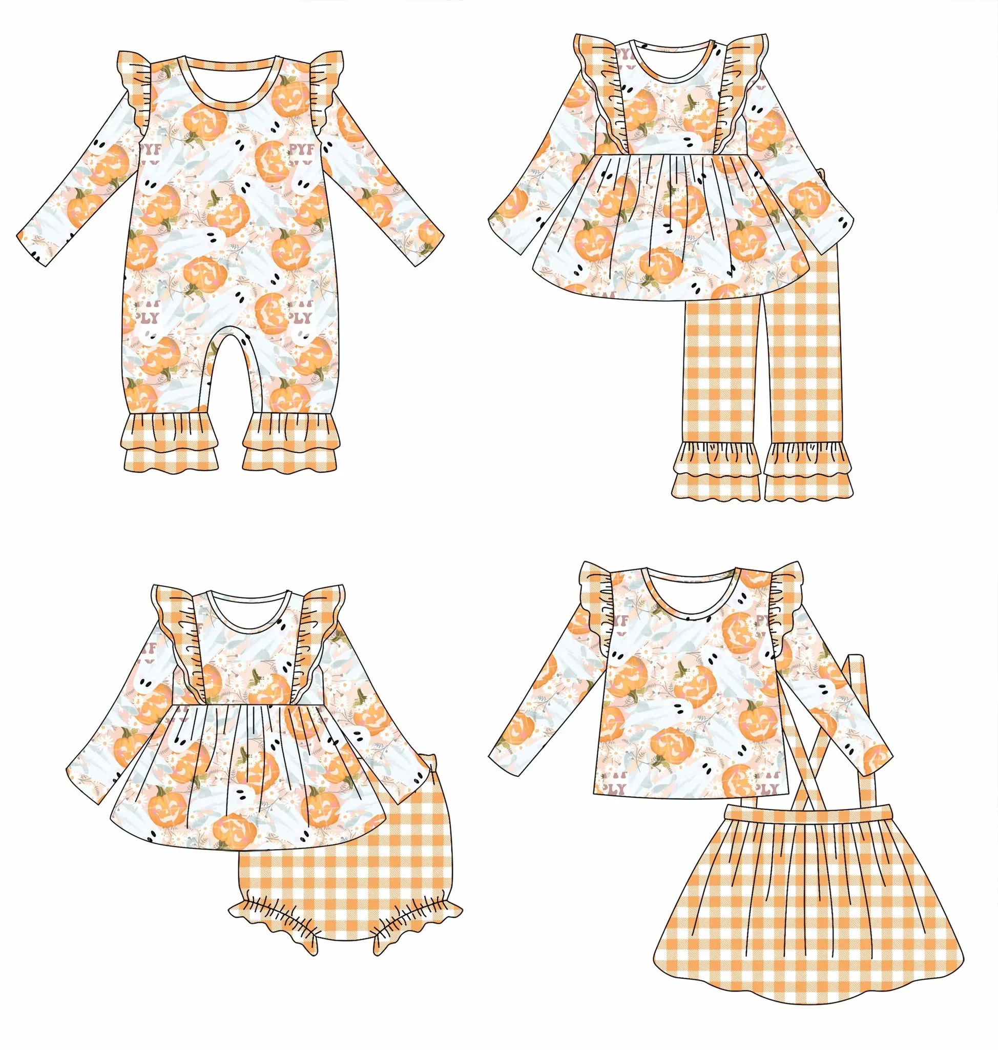 

Halloween Boutique Children's Set Long Sleeve Elastic Pumpkin Print Pants Lace Girls Set Baby Romper Mlik Slik